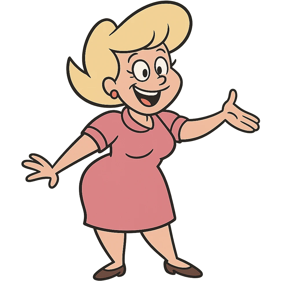 Bunny Bravo from Johnny Bravo, Johnny's mom, cheerful woman with blonde hair, pink dress, cartoon style emoji