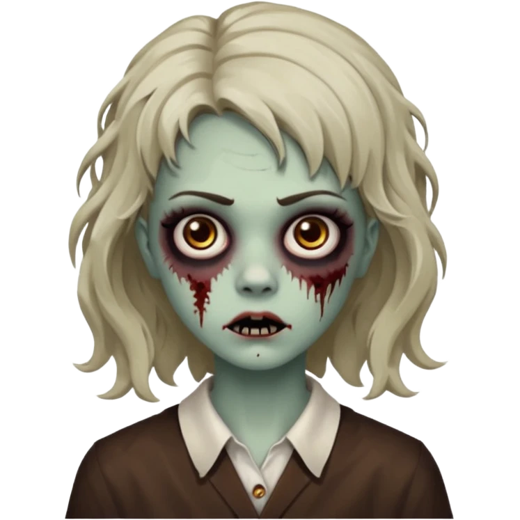 Cabelo ondulado  um pouco cheio e franja curta  Olhos marrons e pequenos e feita d ezumbi emoji