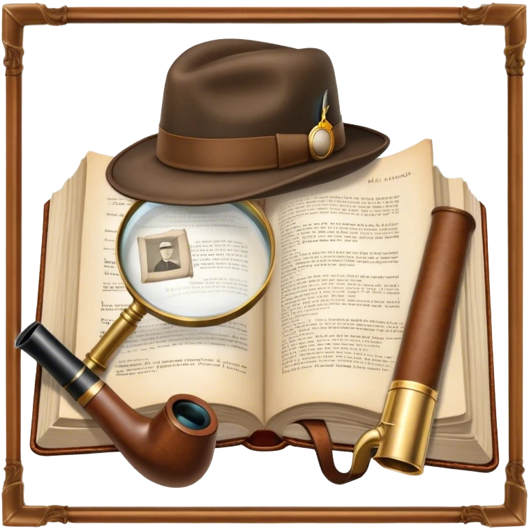 Icon for Detective Reading: an open book with text and a magnifying glass on the pages, a classic detective hat, and a pipe, surrounded by clues like footprints, a revolver, and a notepad. The icon should represent the mystery and intrigue of detective stories. Transparent background. emoji