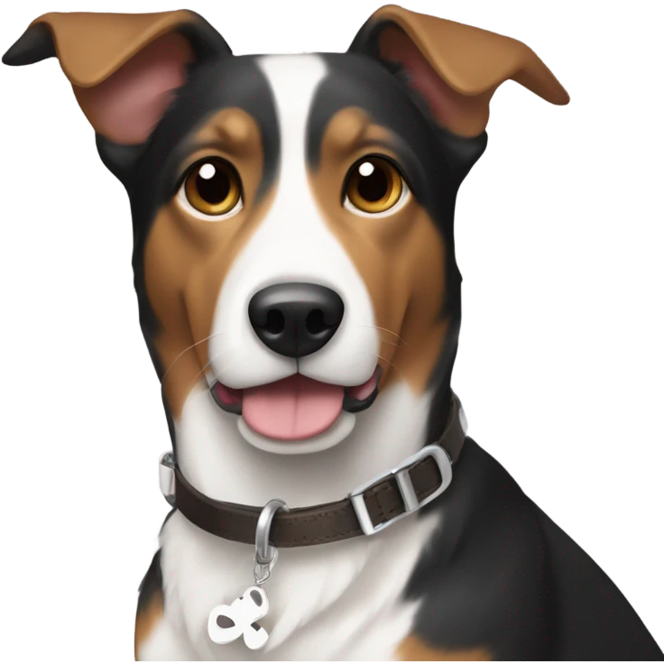 Black white and brown tri colored dog  with floppy ears wearing a T initial collar  emoji