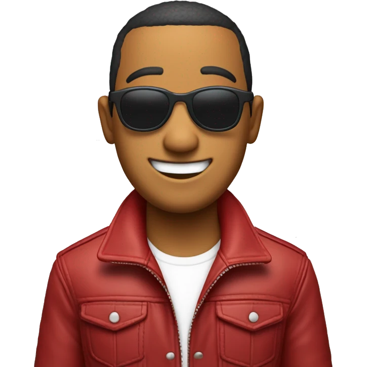 Chico pelo blanco chaqueta roja con lentes riendo. emoji