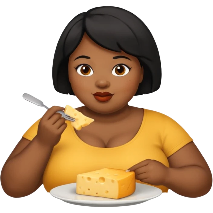 Fat black woman with short hair eating cheese. Shorter hair emoji