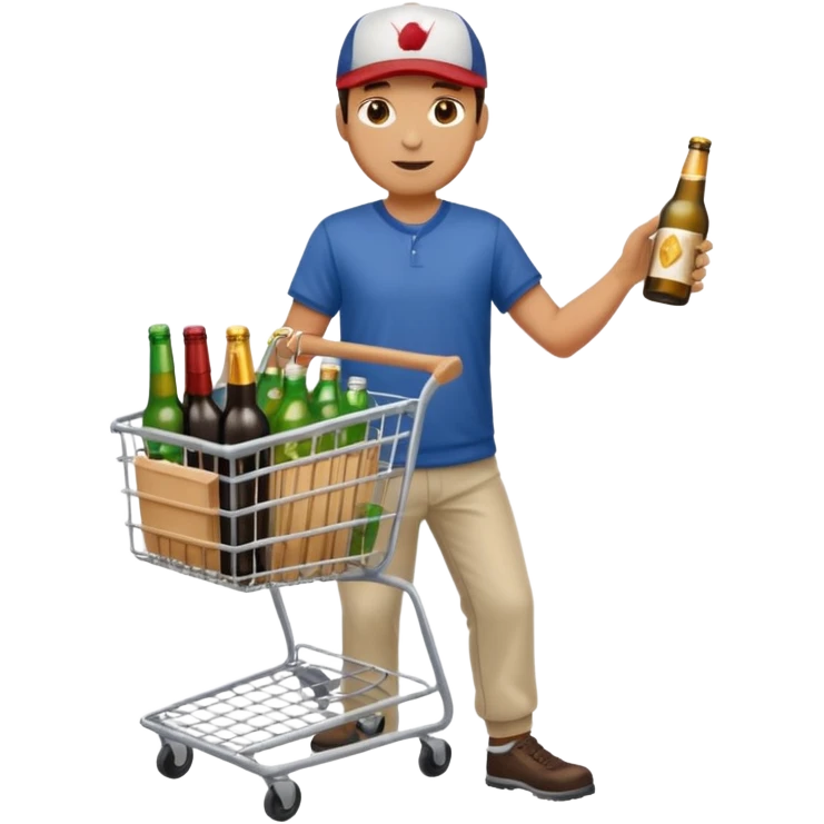 man with a shopping cart full of beers and wines full body emoji