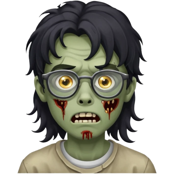 Faça um adolescente zombie com cara de assutado com cortes no rosto, com óculos é cabelos grandes ondulado preto, masculino  emoji