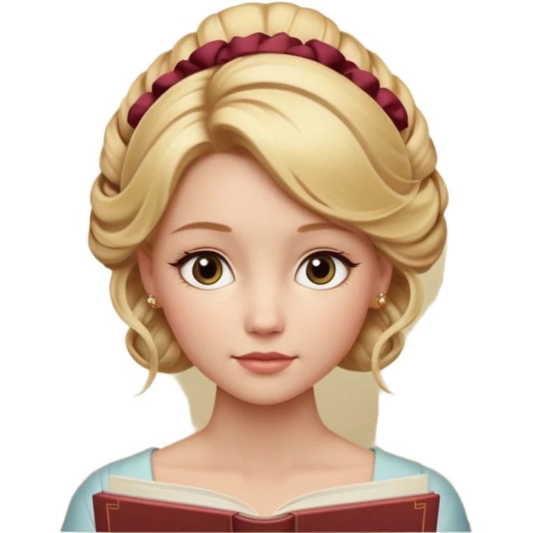 Cinematic Realistic Journal Portrait, depicted with lifelike skin texture, subtle rosy undertones, and soft natural lighting that enhances the gentle contours of her face. Her intricately detailed golden blonde hair is elegantly styled in an updo, emoji