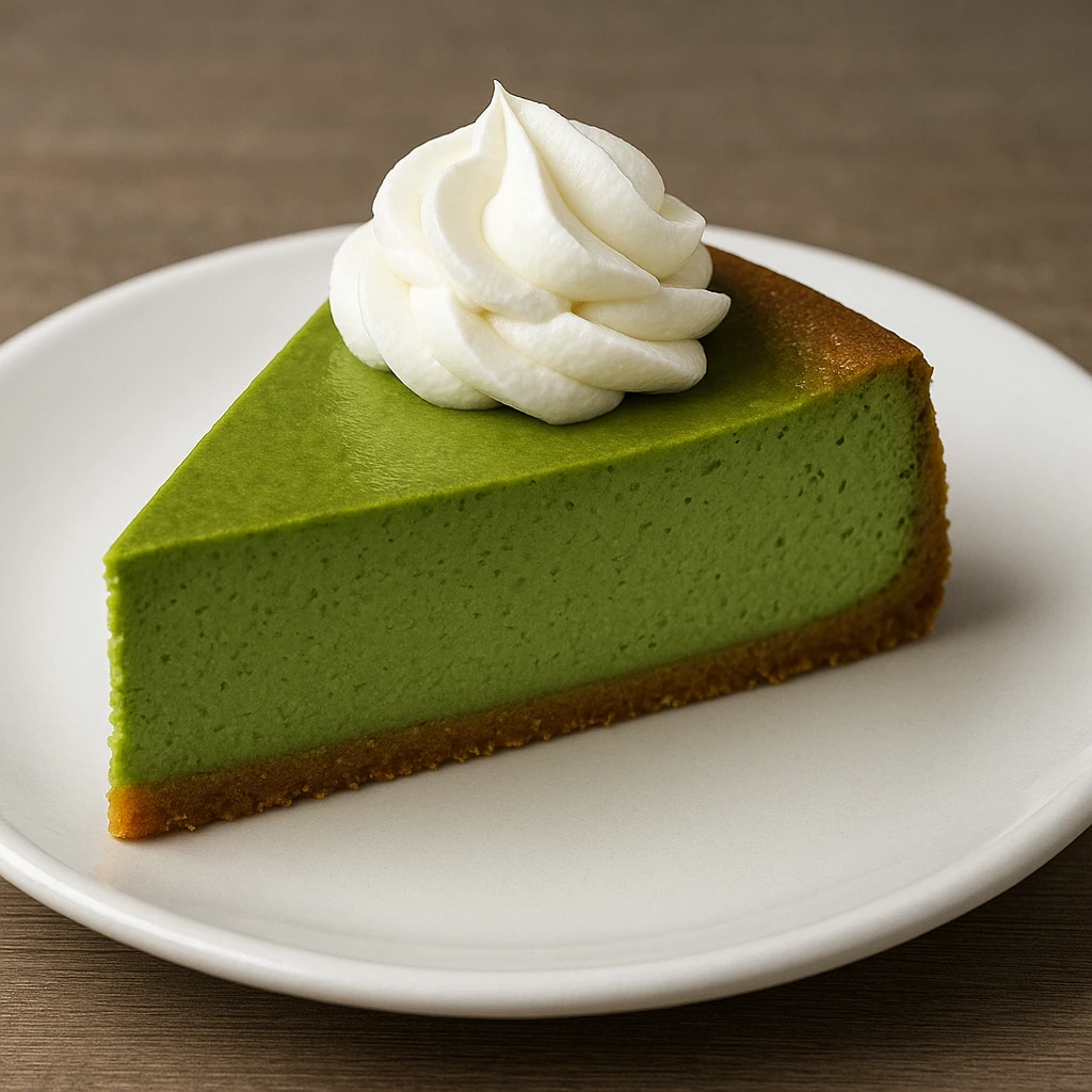 a slice of matcha cheesecake with a golden brown crust, green filling, and a dollop of whipped cream emoji