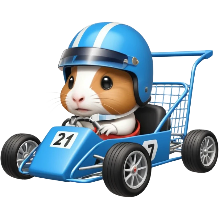 Racing drift car whose frame and suspension is made of shopping cart material is being professionally steered driven by a small thin Guinea pig  emoji