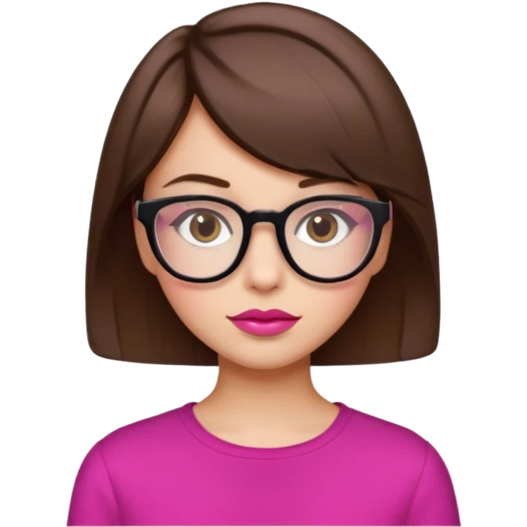 short brown hair girl with square glasses and pink lips, emoji style emoji