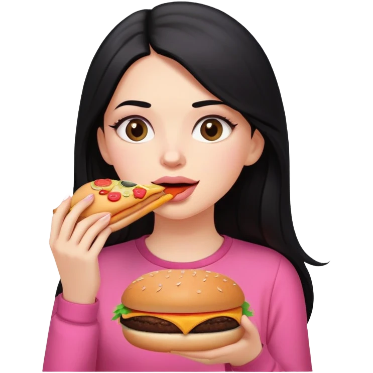 White girl in pink clothes and long black hair eating burger and pizza emoji
