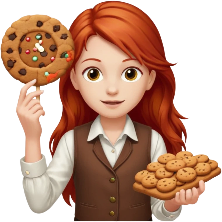 white girl scout with red long hair selling cookies with a brown vest and white shirt under vest. She should be around 10 years old emoji
