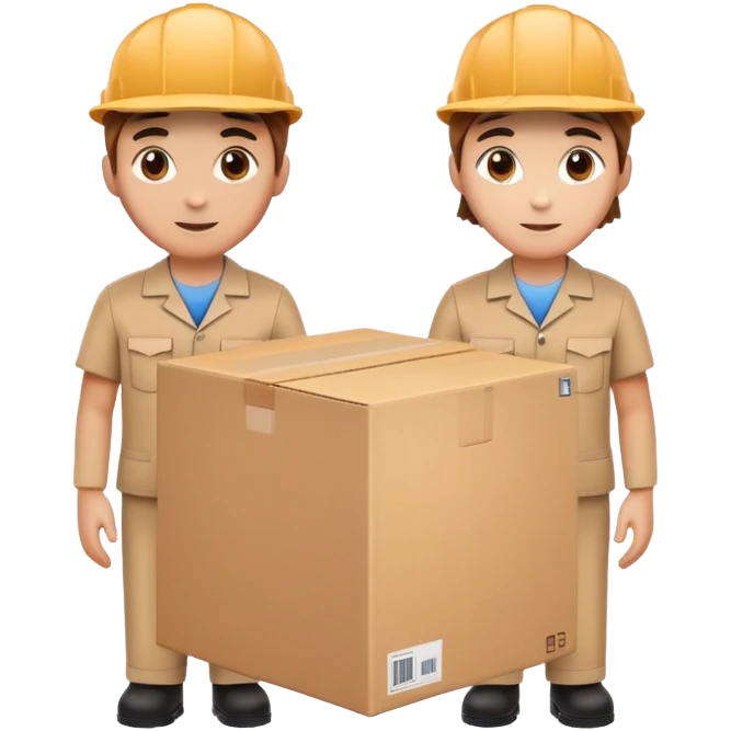 two suppliers standing together holding a big box, both wearing caps and work uniforms emoji