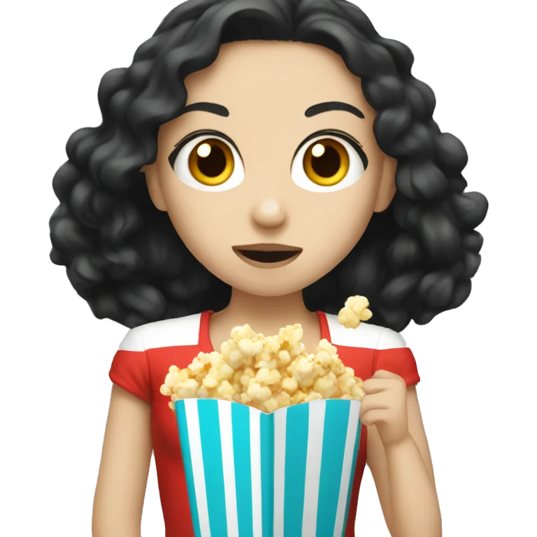 Pale girl with long black hair eating popcorn emoji