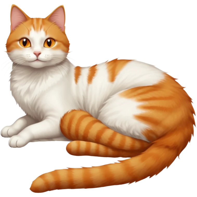 ginger and white cat with orange eyes doing a big extremely long stretch reaching up into the air with arms and legs side by side together straight and overextended whilst lying on its side emoji
