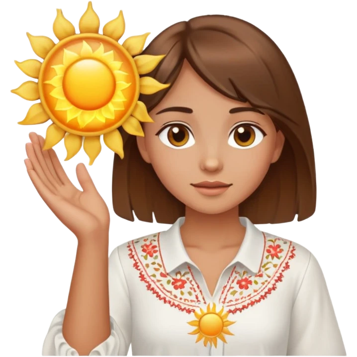 A young Ukrainian girl with brown hair wearing a white embroidered shirt holds the sun in her hands emoji