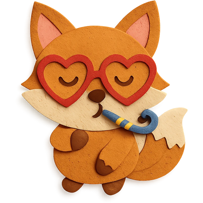 baby fox with heart glasses blowing party horn in paper-craft style emoji