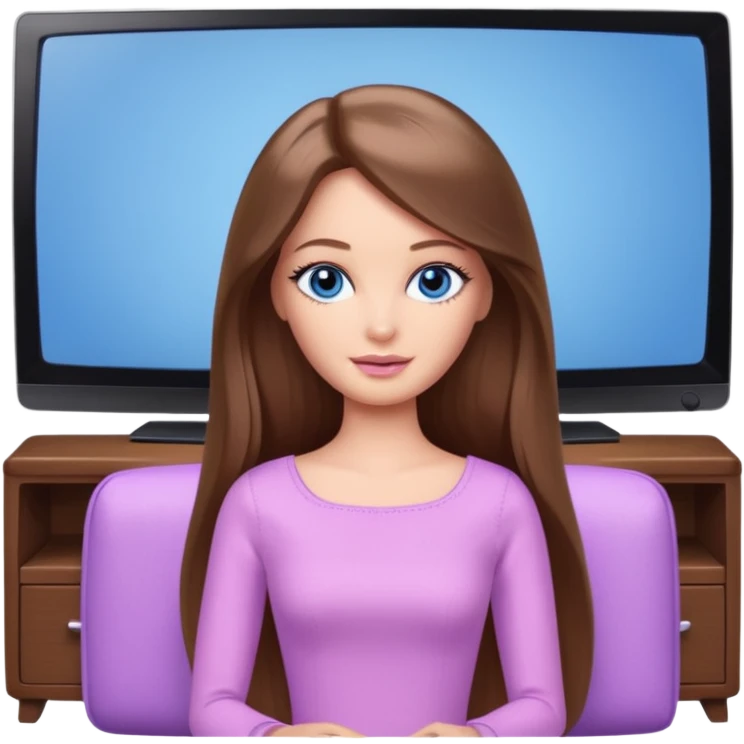 beautiful barbie girl with long brown hair, blue eyes and wearing light purple clothes watching tv shows emoji