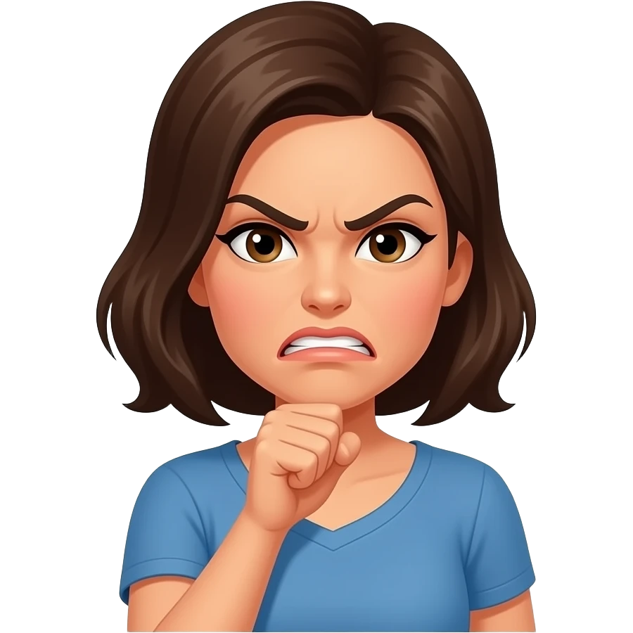 Woman with angry face, holding her fist up to, just below, her chin with STFU coming out of a word bubble emoji