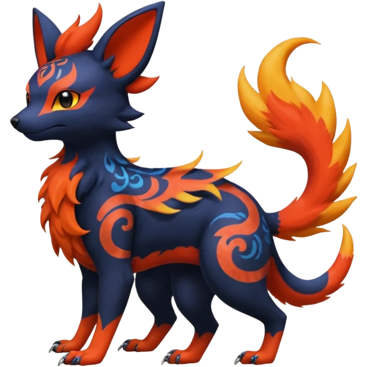 
Canine-Litten-Amaura-Salandit-Noibat-Flareon-Fakémon-fusion (full body) with intricate markings emoji
