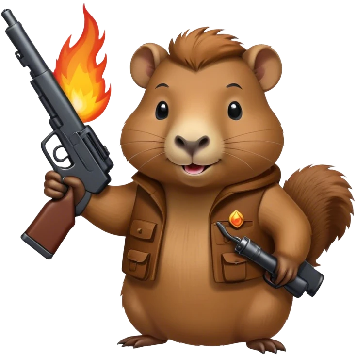 smiiling capibara  with fire guns in hands  emoji