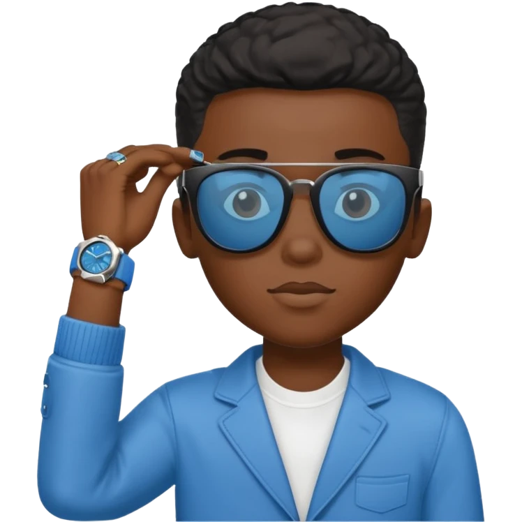 Un garçon noir avec des lunettes de soleil un peu bleu avec un cadran plutôt carré et SANS QU’ON VOIT SES YEUX. Et au dessus de sa tête il y a écrit BOUSs on dois pas voir ses yeux emoji