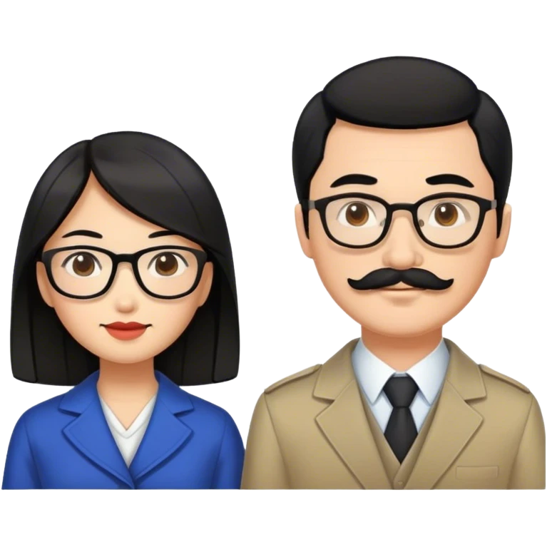 An Asian woman with black hair and a Russian guy with brown hair and mustache with glasses in Japan emoji