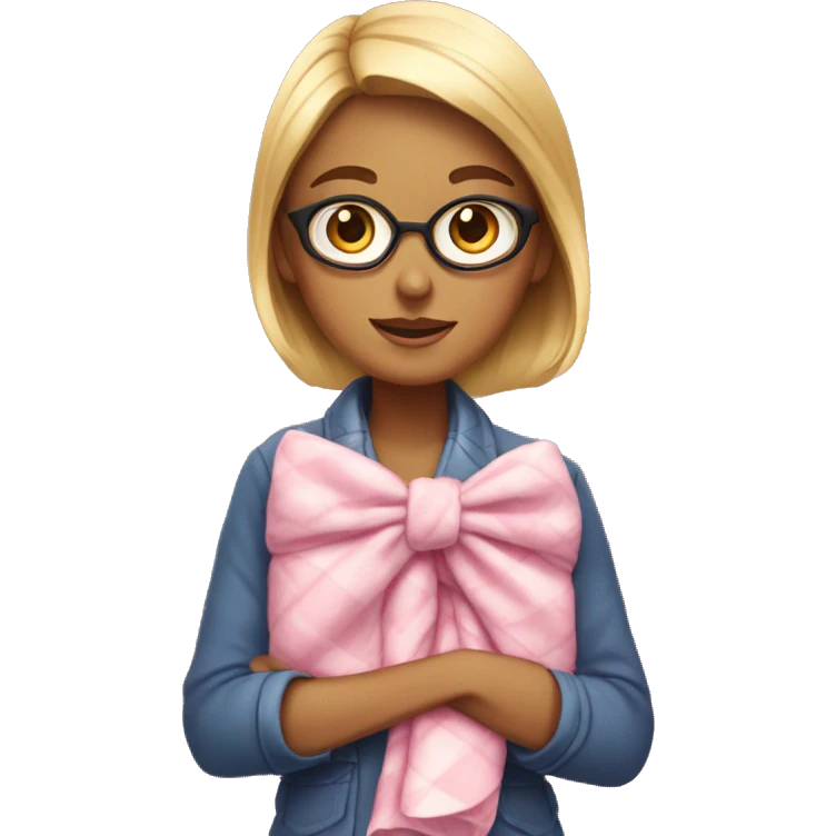 A preppy woman with a pink bow with a blanket on her lap  emoji