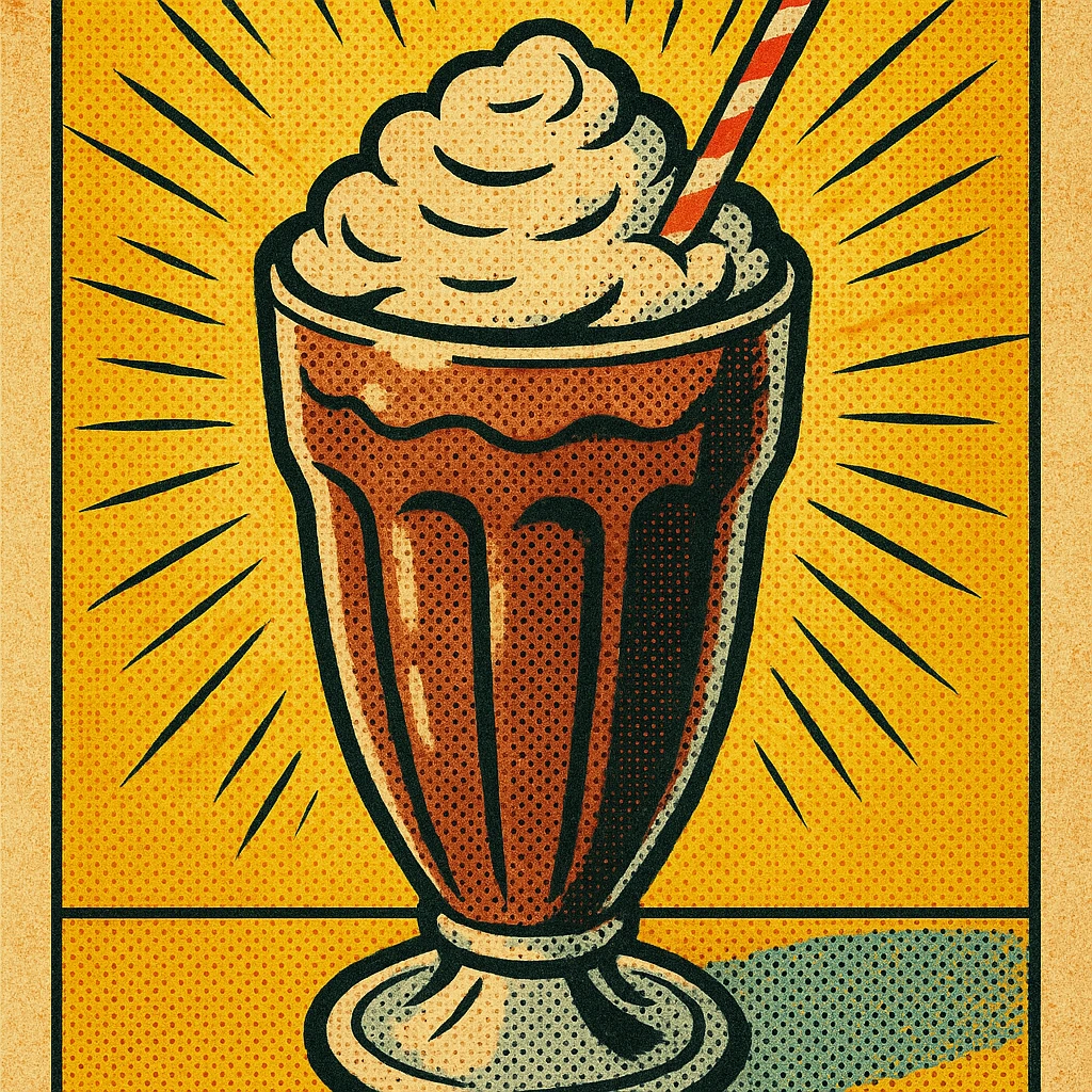 chocolate milkshake, old school comic book style, bold lines, halftone dots, vintage comic look emoji