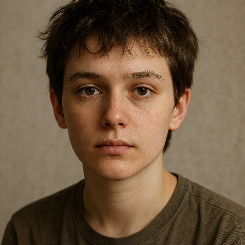 realistic portrait of a young person with short tousled brown hair, light skin, neutral expression, inspired by the reference image emoji