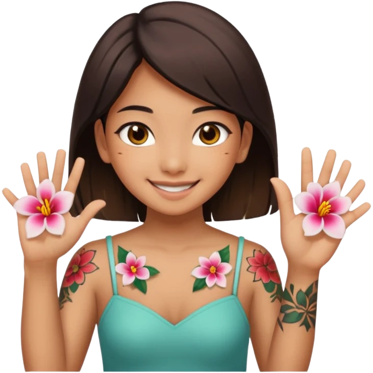 make me an image of a girl from hong kong with brown eyes and a hong kong flower tattoo on her back flipping off the camera emoji