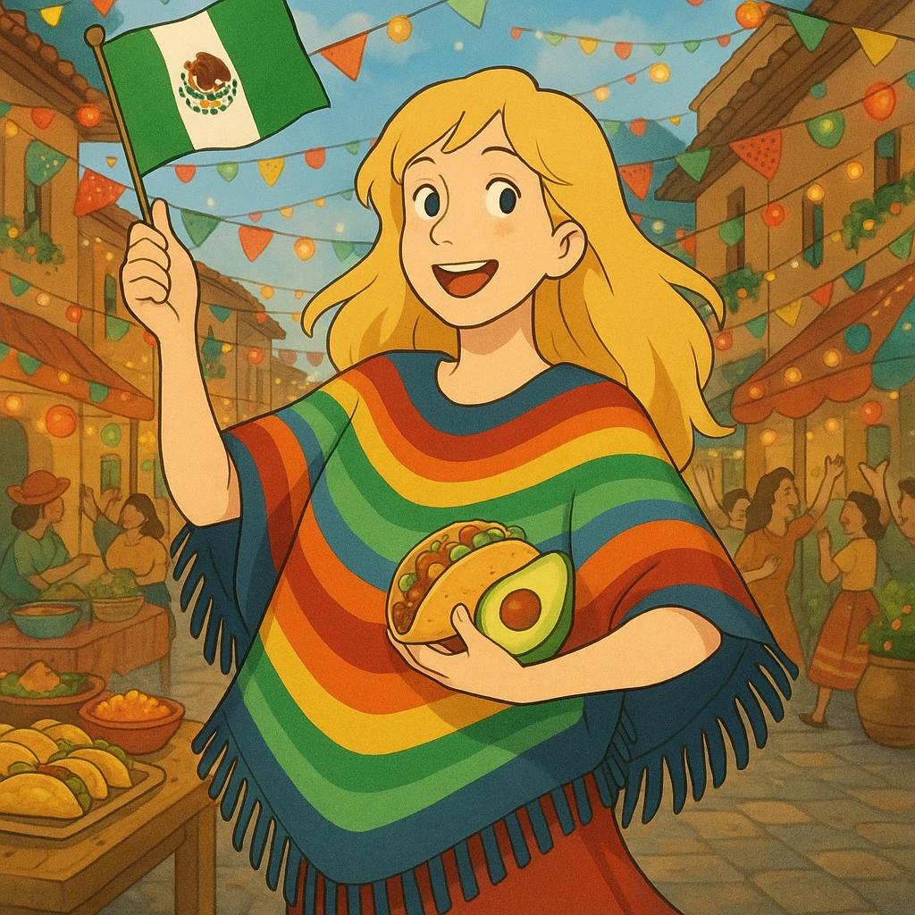 cartoon of a tall blonde woman in a colorful poncho, smiling, holding a taco and avocado, waving a Mexico flag, dancing in a festive street party background with food and decorations emoji
