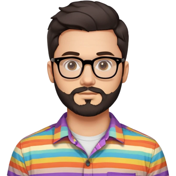 a 30-year-old man with light skin, medium solid build, wide face, soft cheeks, rounded jawline, neutral relaxed expression, short dense full beard, wavy voluminous brown-black hair at the front, large rectangular black thick frame glasses, colorful button-up shirt open showing white t-shirt emoji