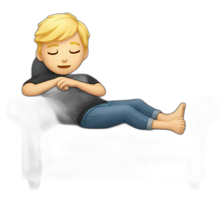 Boy with blond Hair sleeping on a Gray couch with a black blanket emoji