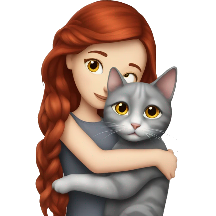 Dark red hair white girl hugs grey cat realistic  emoji