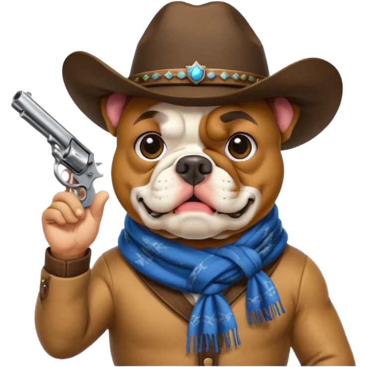 A bulldog wearing a cowboy hat, covering his mouth with a scarf so he wouldn't be recognized, pointing a revolver at you, telling you to hand over your money. emoji