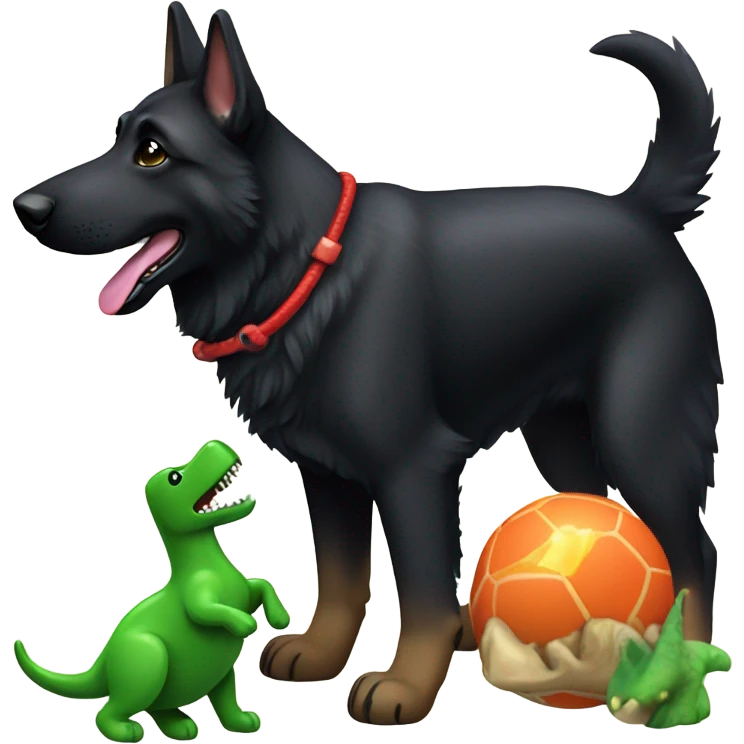 All black German shepherd with toy dinosaur emoji