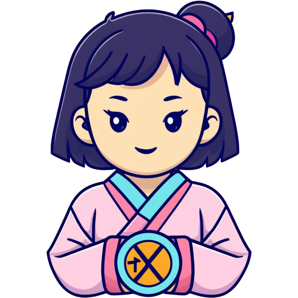 Vaporwave aesthetic Japanese girl with geometric background, retro 80s style, pastel colors, Japanese kanji text, digital sunset, nostalgic elements emoji