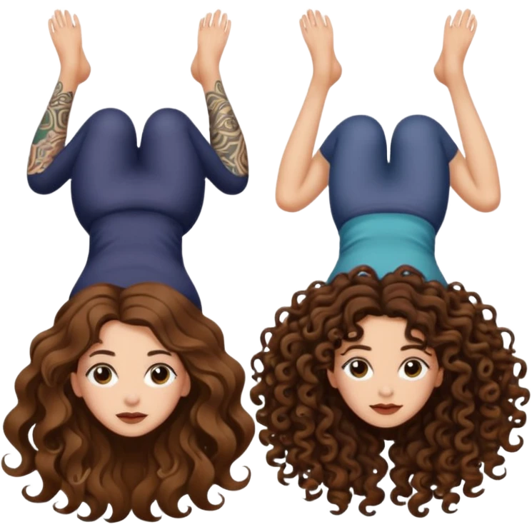 spell confusion — long wavy brown hair tattooed woman and short tight curly brown hair woman — scroll upside down emoji