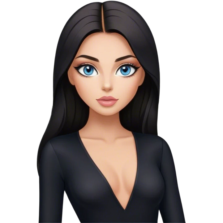 Glamours, tanned, beautiful, girl, with blue eyes, big pump peach-beige-rose lips, eyeliner, long lashes, black straight smooth silky long hair, parting hair in the middle,  in black v-neck bodysuit long sleeves emoji