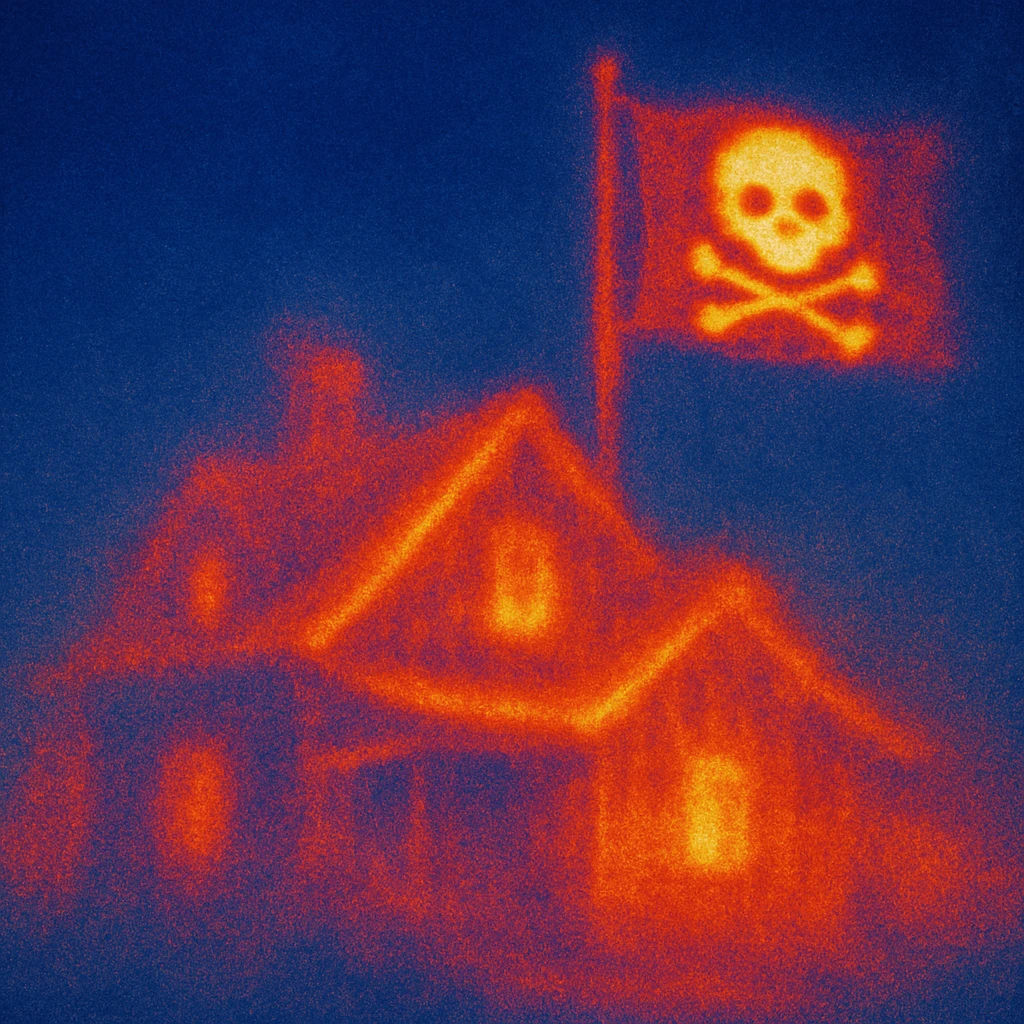 old pirate's house with skull flag emoji