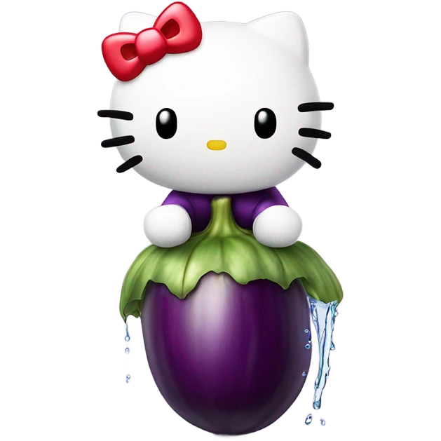 Hello kitty sitting on top of a eggplant and the eggplant squirting water emoji