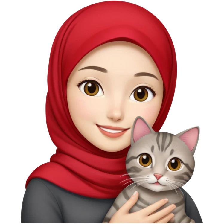 Asian White girl wearing red hijab holding a black grey tabby cat while smiling.  emoji