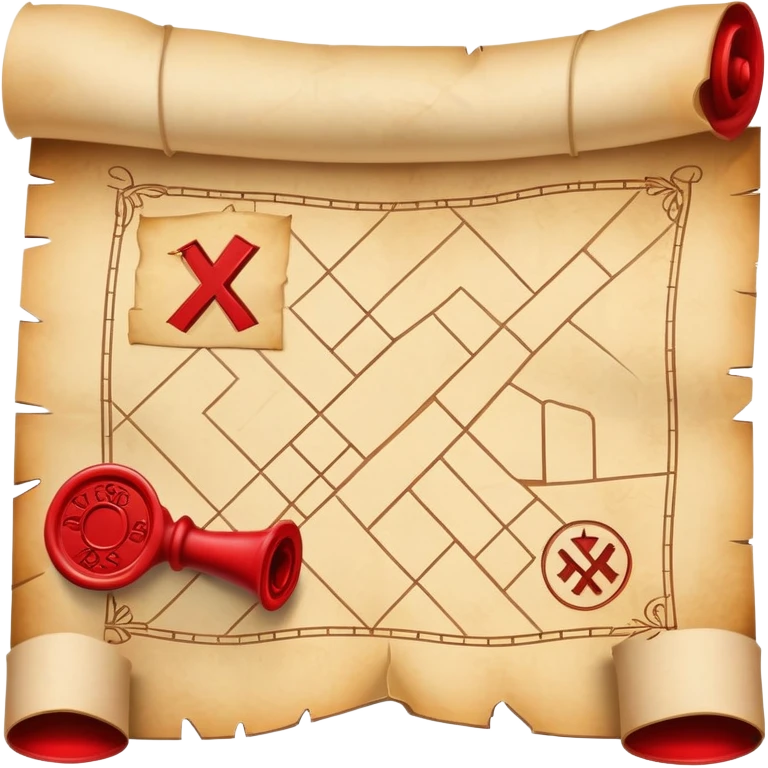 A rolled up treasure map with red wax seal, partially unfolded showing an X emoji