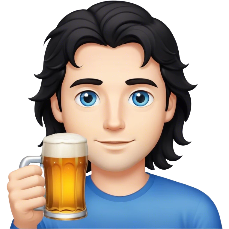 white guy blue eyes wavy black hair holding beer emoji