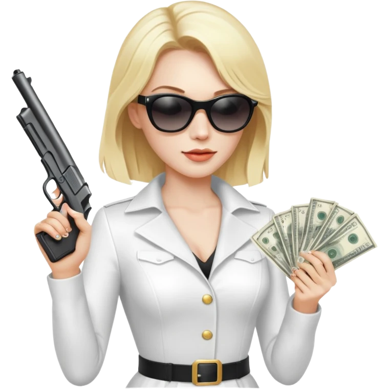 Mafia blondes woman in sunglasses, gun ,money , white costume  emoji