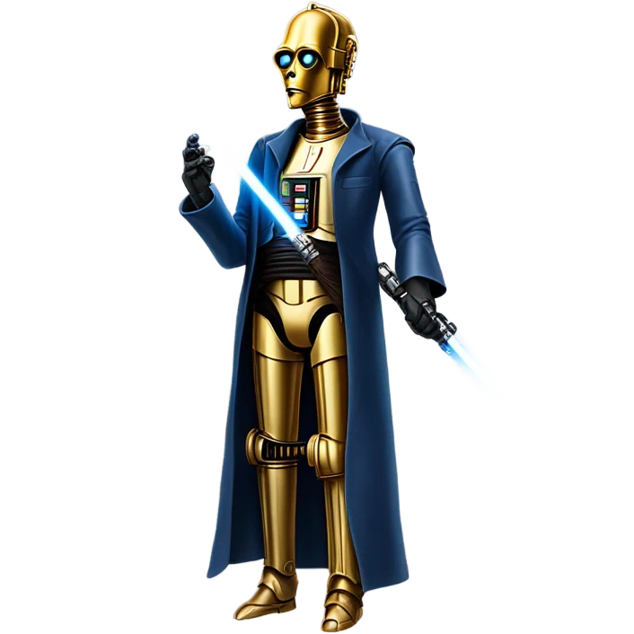 undercover tough well-equipped jedi first order life-sized darkblue-pearl C3po as a friendly bounty hunter droid wearing a leather clothing old west duster coat holding light saber emoji