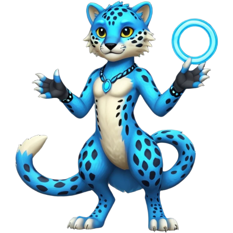 Obsidian-black fur body with neon-glowing-blue ring-markings Grem2-Gremz-Cheetah-Sergal-fusion, full body  emoji