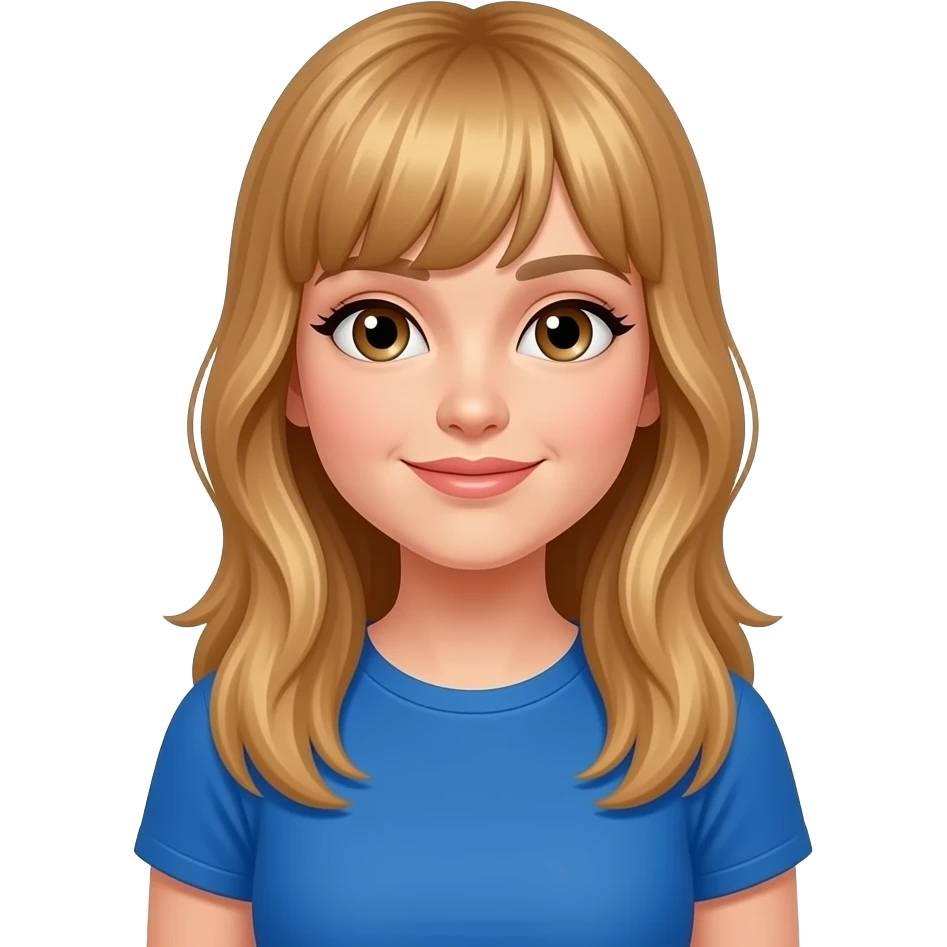 30 year old woman with bangs, long honey blonde hair, and  blue t-shirt emoji