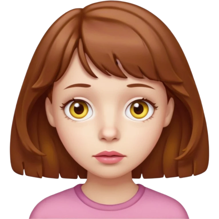 FAÇA UMA PERSONAGEM FOFA COM NARIZ DE BOLINHA AVERMELHADO CLARO E ZUMBI CABELO MARRON ONDULADO E FRANJA CURTA   COMO SE NÃO SOUBESSE OQ FEZ LÁBIOS CLAROS FECHADOS E OLHOS AMARELOS emoji