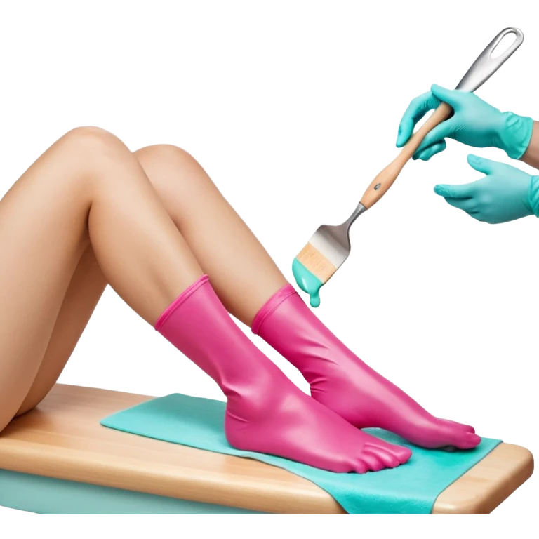 Close-up professional beauty photo of a smooth white leg during a waxing procedure, a second person’s hand wearing a turquoise nitrile glove spreading warm pink depilatory wax along the leg with a wooden spatula emoji