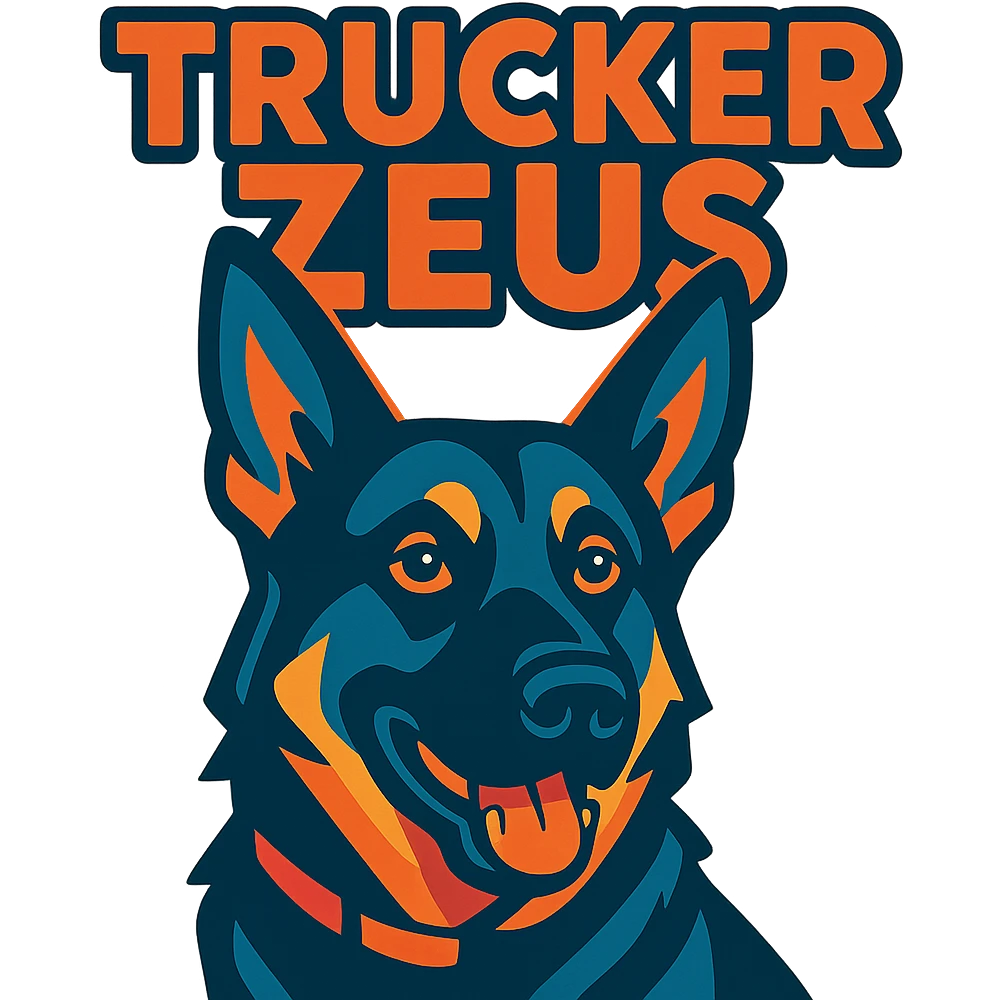 dark German Shepherd with 'Trucker Zeus' over top, vibrant cartoon style, text integrated emoji